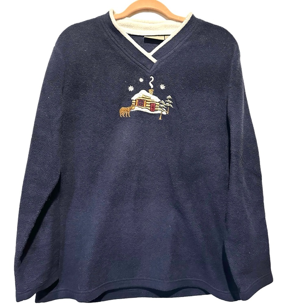Cabin embroidered fleece sweater navy V-neck size L seasonal‎ holiday